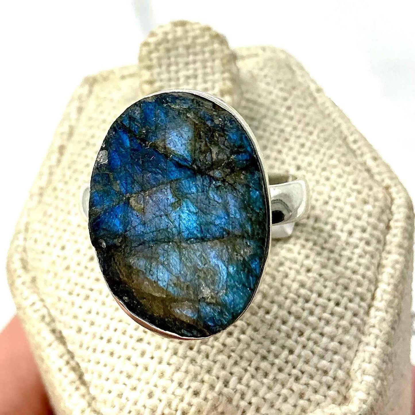 Sterling Silver Rough Oval Labradorite Ring - Size 8 - Intuition, Protection & Transformation