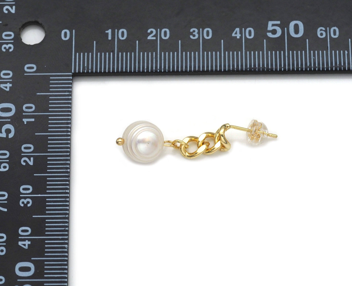 Cuban Link Chain Pearl Stud Earrings, Sku#J383