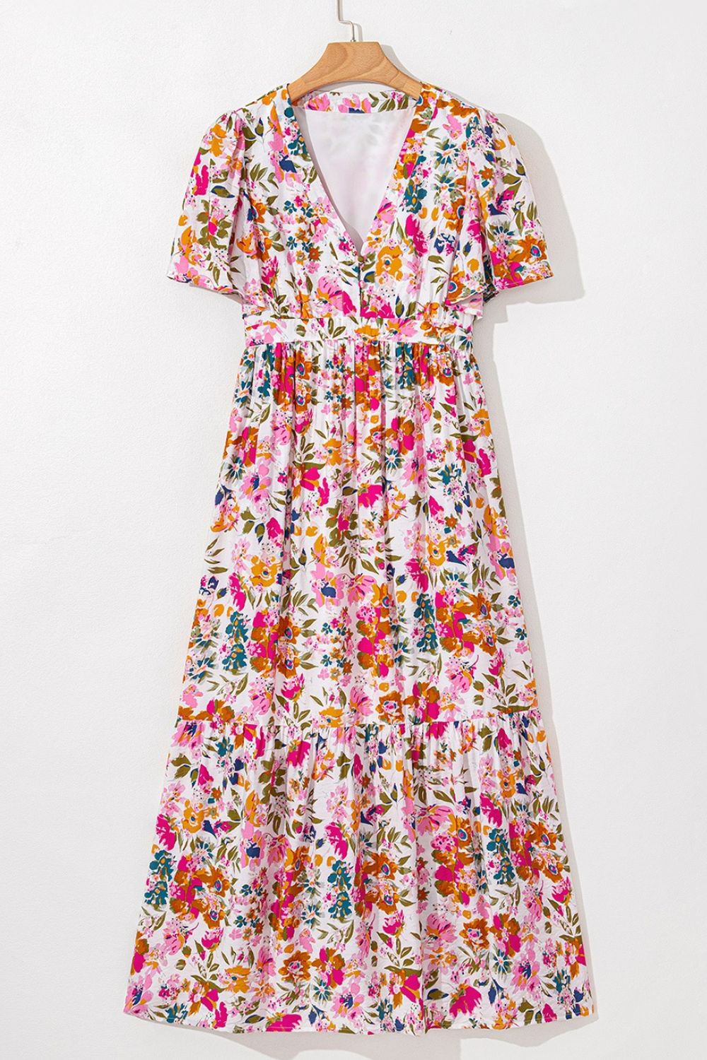 Floral Short Sleeve V Neck Dress with Pockets
