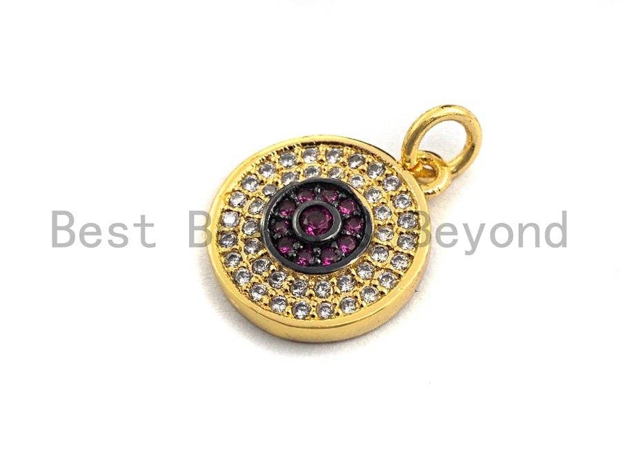 CZ Micro Pave Round Disc Pendant, Green/Black/Fuchsia/Cobalt Cubic Zirconia Big Pave Disc Charm Pendant, 13x15mm,sku#F894