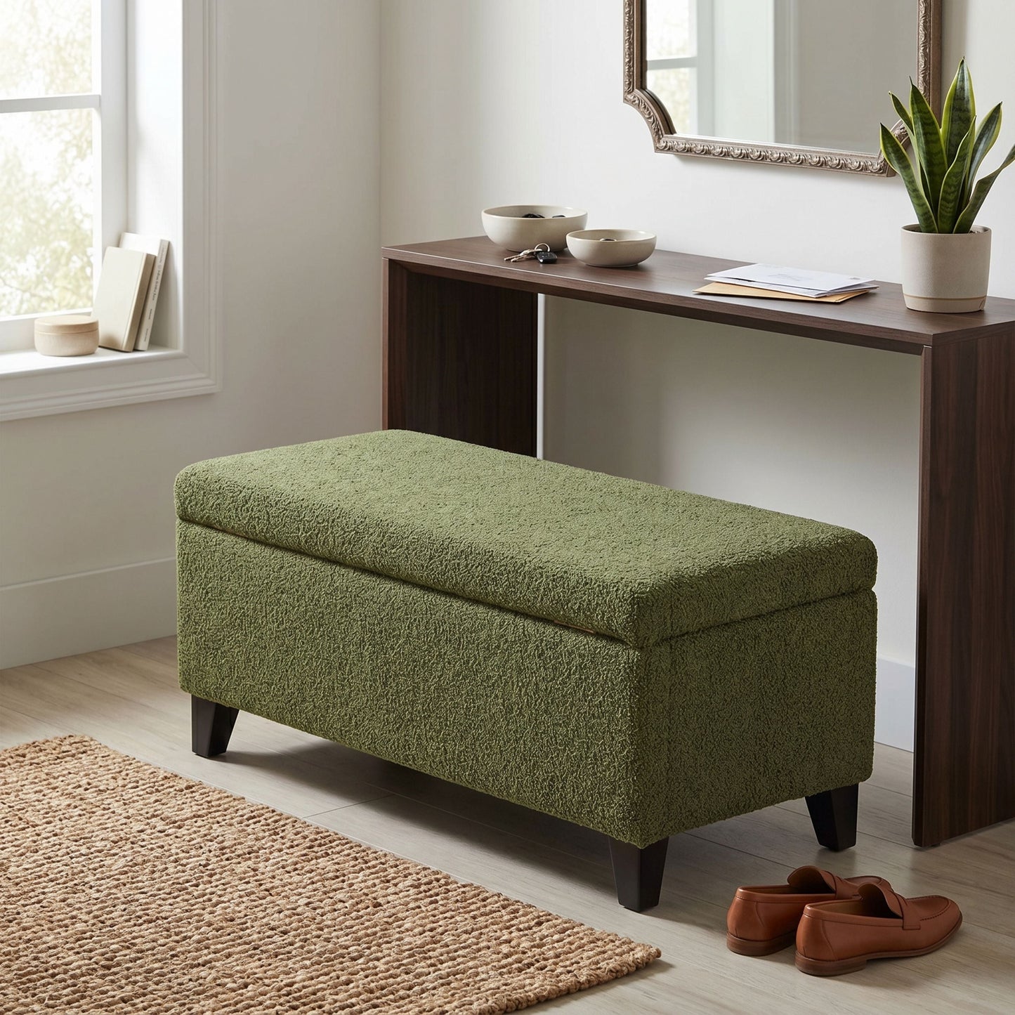 Storage Ottoman with Flip-Top Lid, Easy Assembly, Boucle Fabric & Rubber Wood Legs, Retro