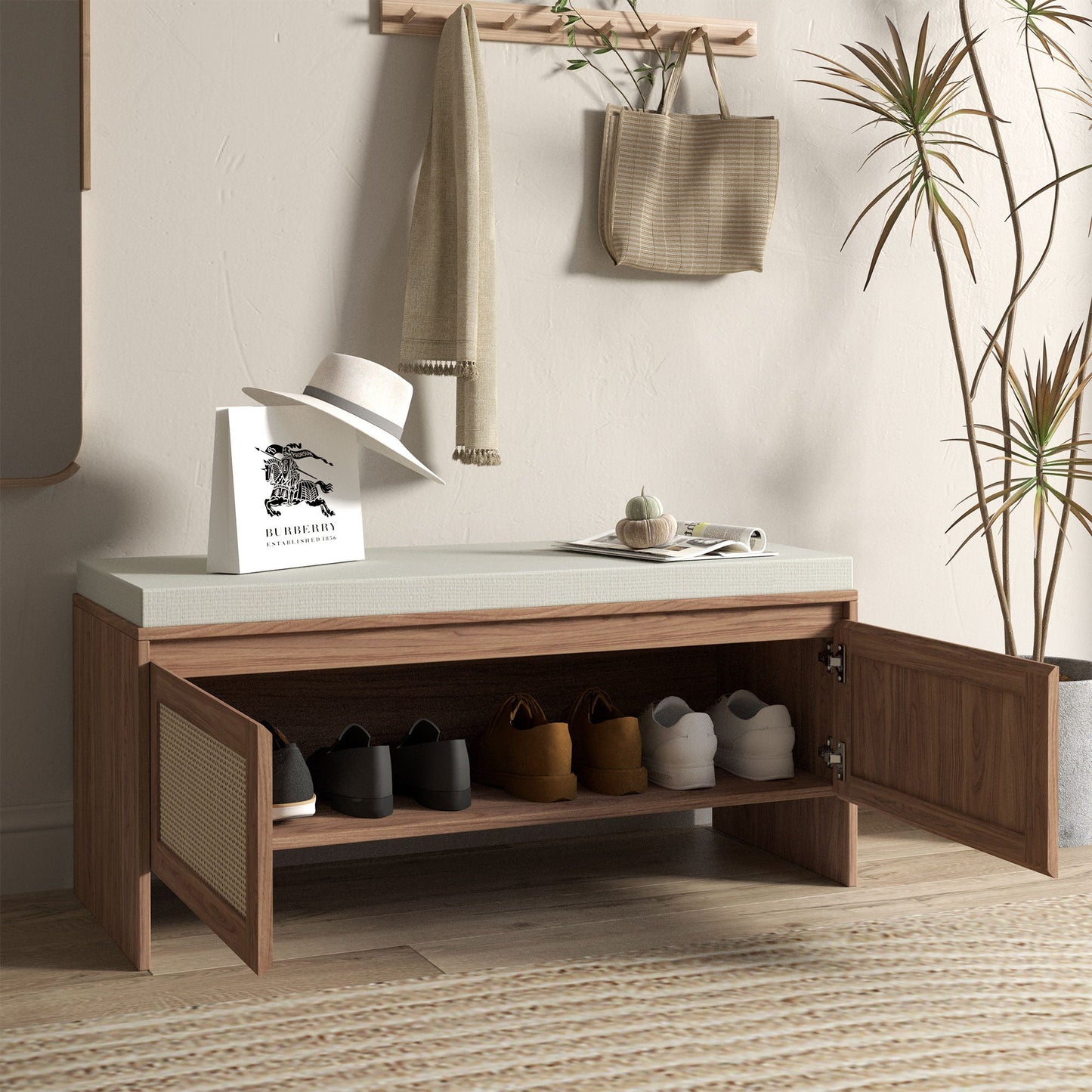 Storage Bench With Cushion, Shoe Cabinet With 2 Doors - Antique Natural / Rattan
