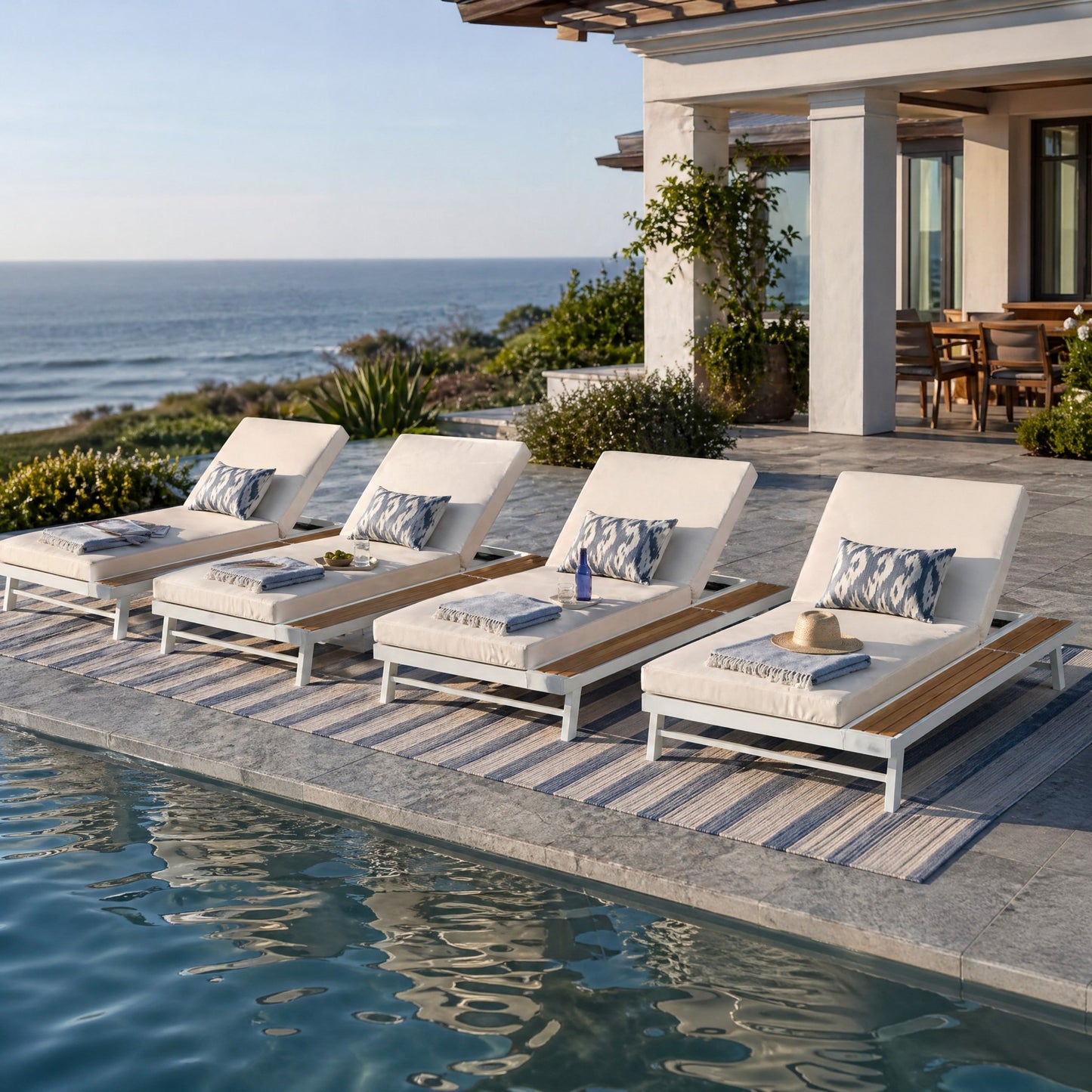 White Iron and Teak Finish Chaise Lounge Set