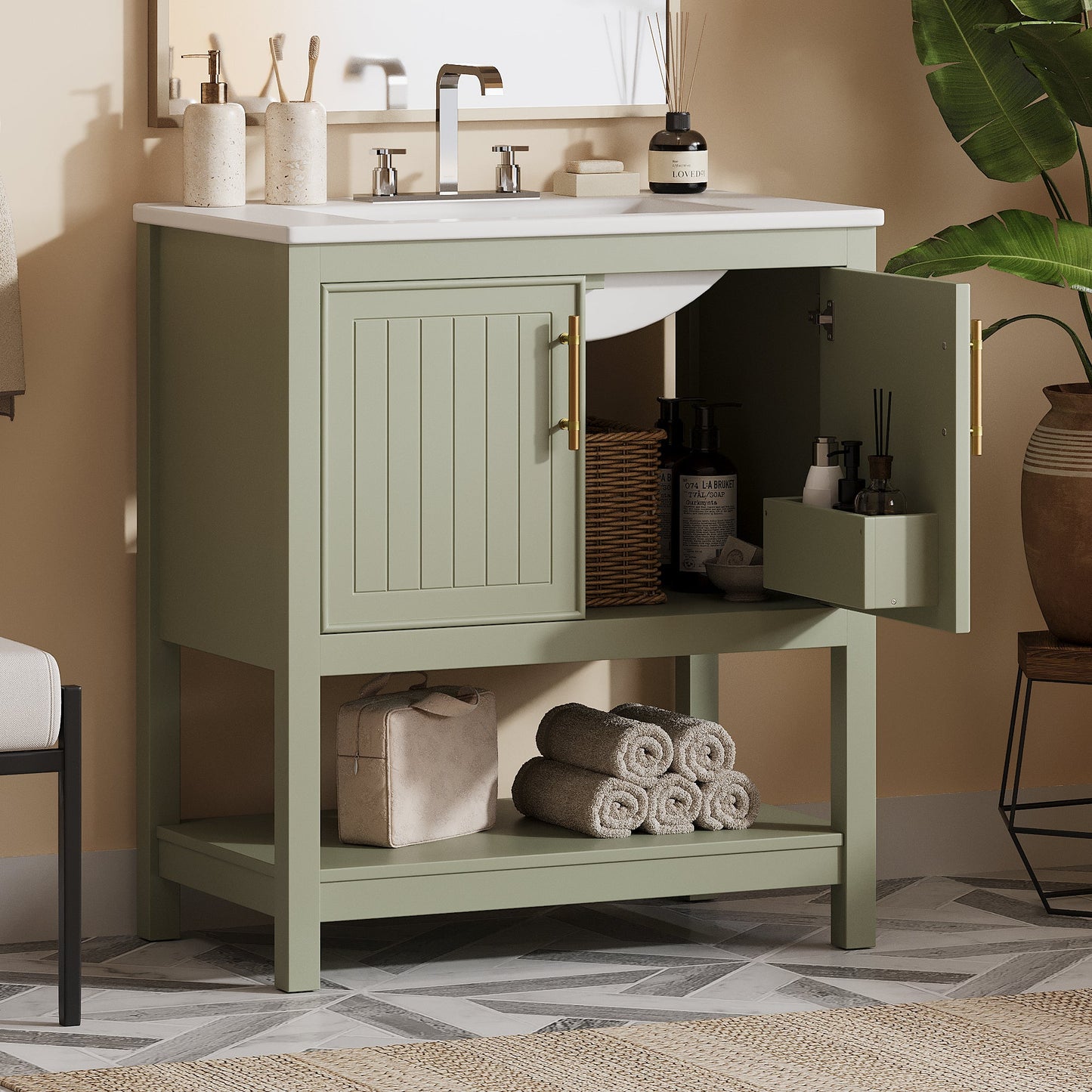30-Inch Green Bathroom Vanity with Ceramic Sink