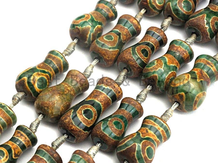 1pc/10pcs Etched Tibetan agate Vase Shape Beads, Dzi Agate Beads, Chunky Tibetan Agate, Green Brown Agate Beads, 15x25mm, Sku#U515