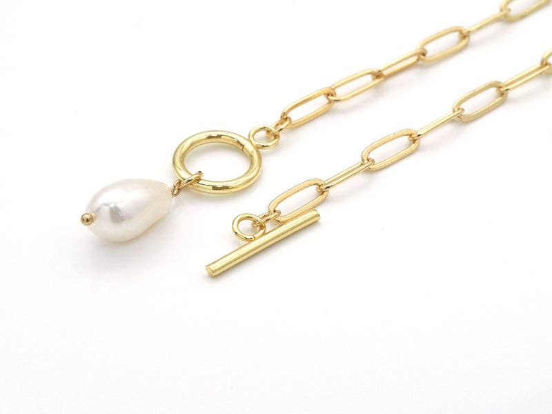 Dainty Paperclip Chain Pearl Pendant Necklace, Sku#EF213