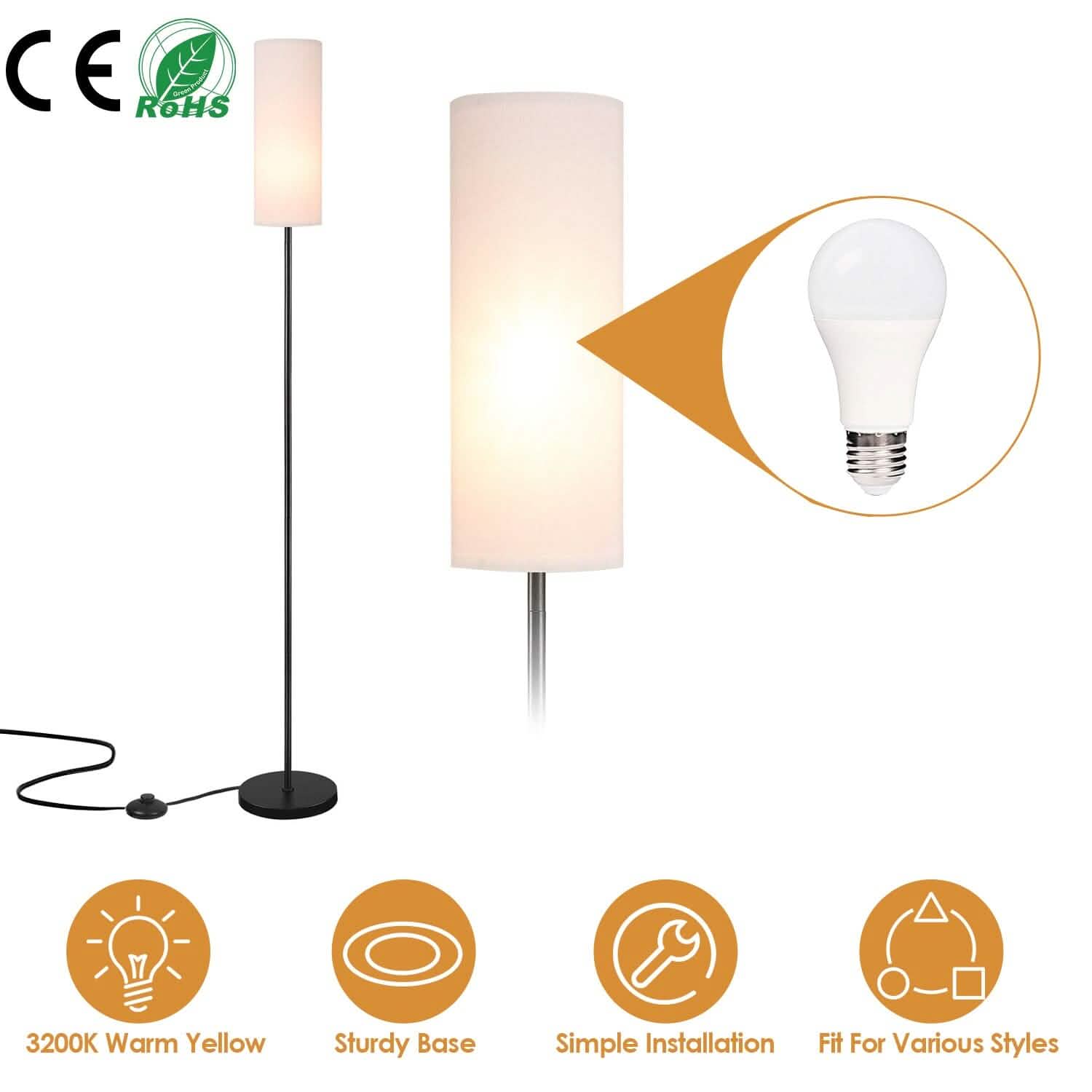 Lampe sur pied moderne, lumière jaune chaude 3200K, avec interrupteur au pied, ampoule 6W