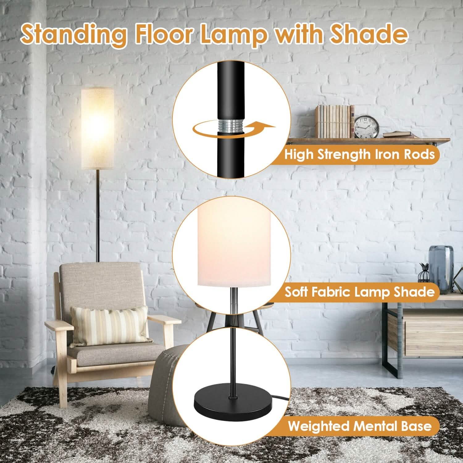 Lampe sur pied moderne, lumière jaune chaude 3200K, avec interrupteur au pied, ampoule 6W