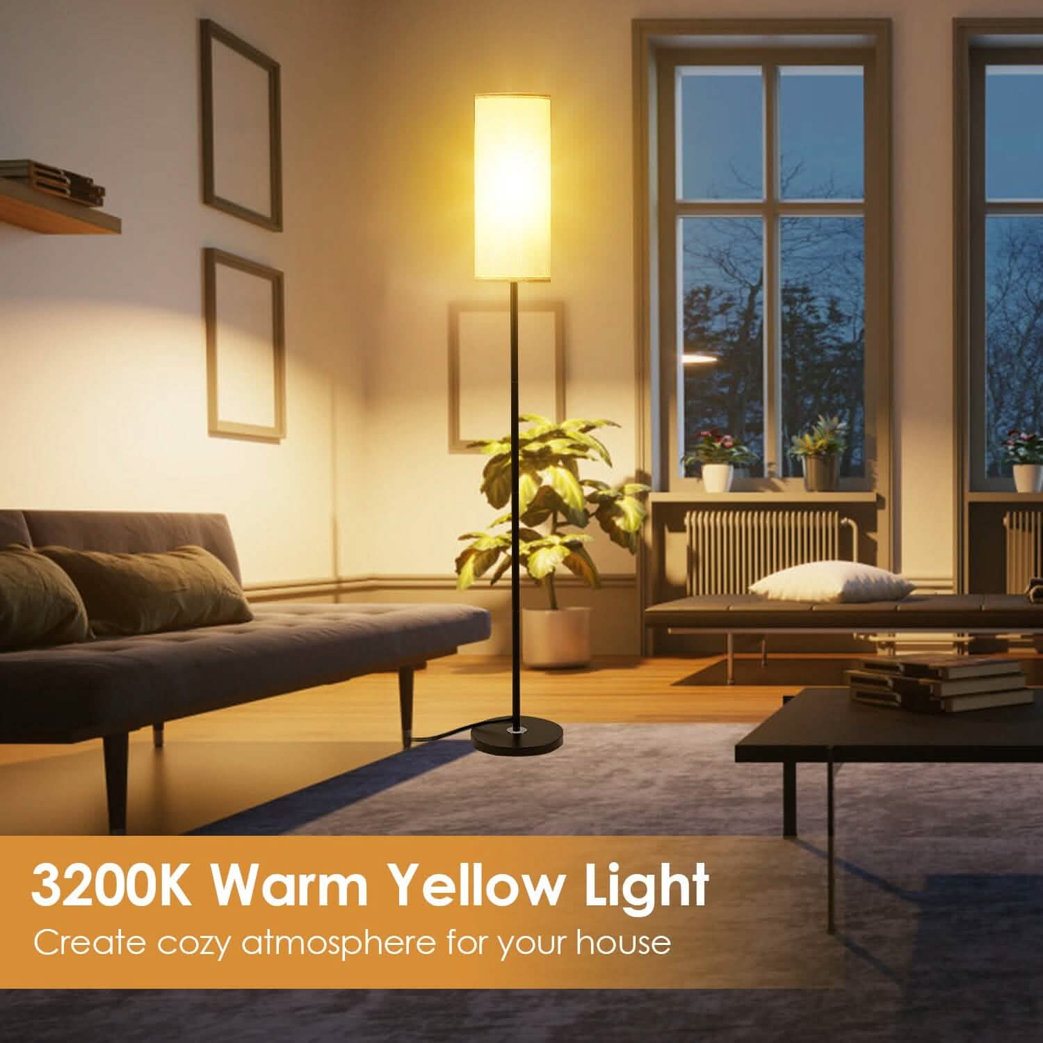 Lampe sur pied moderne, lumière jaune chaude 3200K, avec interrupteur au pied, ampoule 6W