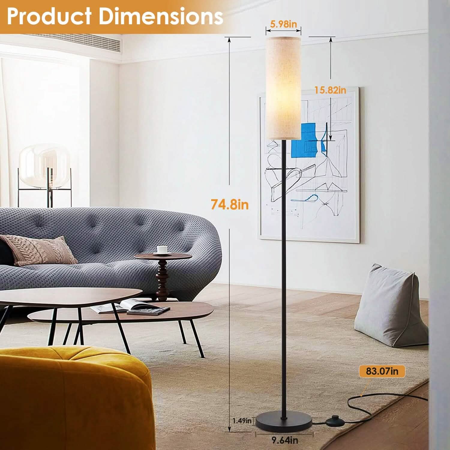 Lampe sur pied moderne, lumière jaune chaude 3200K, avec interrupteur au pied, ampoule 6W