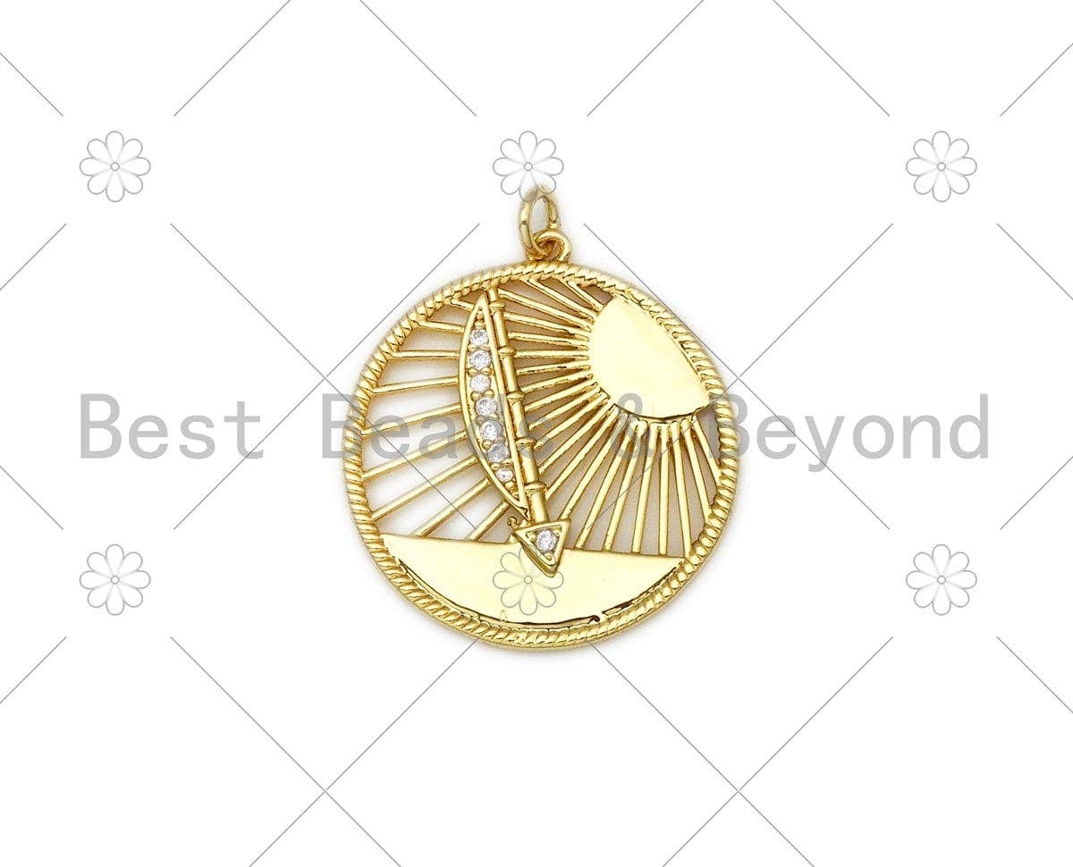 CZ Micro Pave Sun Light with Arrow Round Pendant,18K Gold Filled Charm,Necklace Bracelet Charm Pendant,27x29mm,Sku#L583