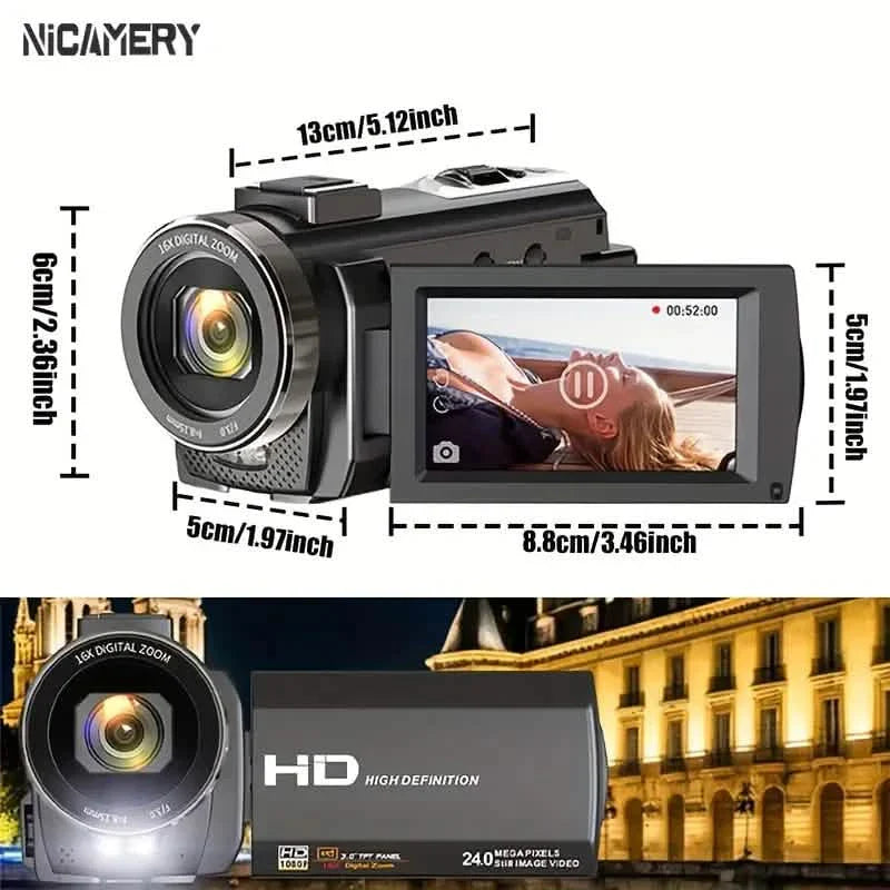 Appareil photo numérique HD 1080P avec zoom 16x, livré avec 2 batteries, carte TF 32 Go, micro, pare-soleil et sac.
