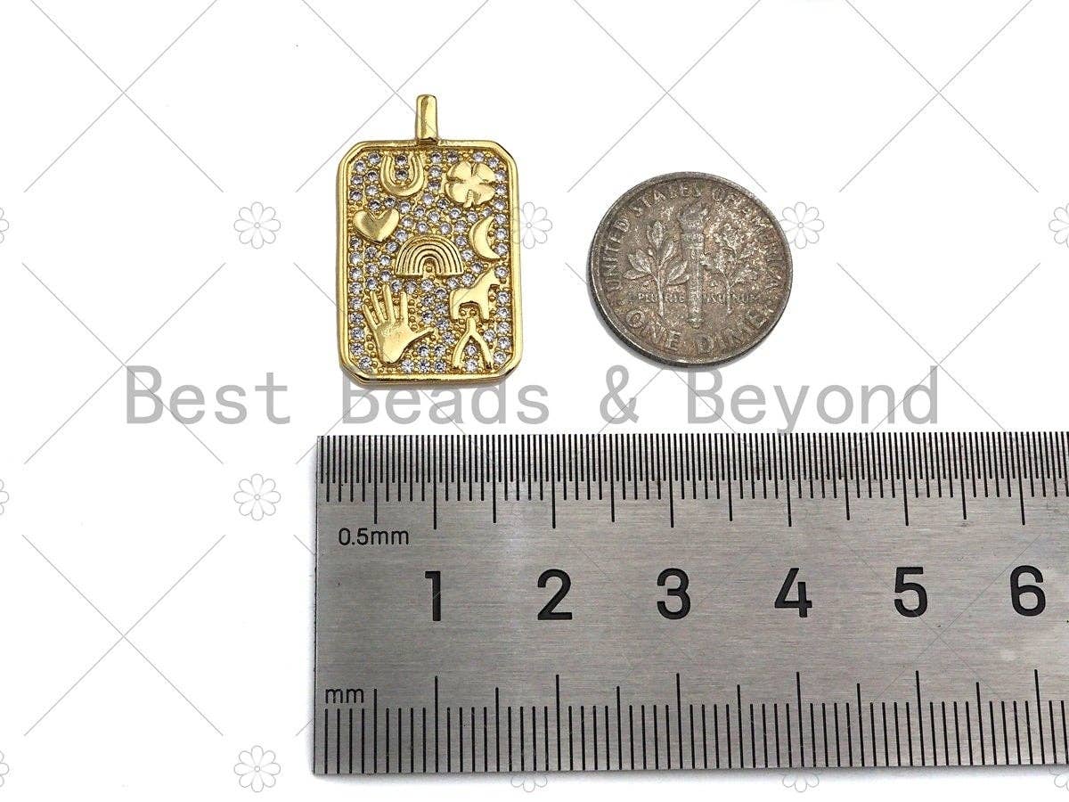 CZ Micro Pave Hand Rainbow Heart Moon On Rectangle Shape Pendant, Cubic Zirconia Rectangle Pendant, Gold Tone pendant, 16x26mm, sku#LK180