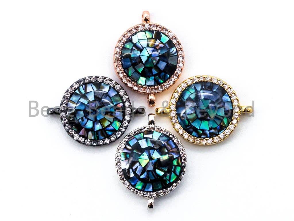 CZ Micro Pave Round Connector with Abalone Shell, pave finding/Cubic Zirconia CZ space connector, 13mm, 1pc, SKU#E298