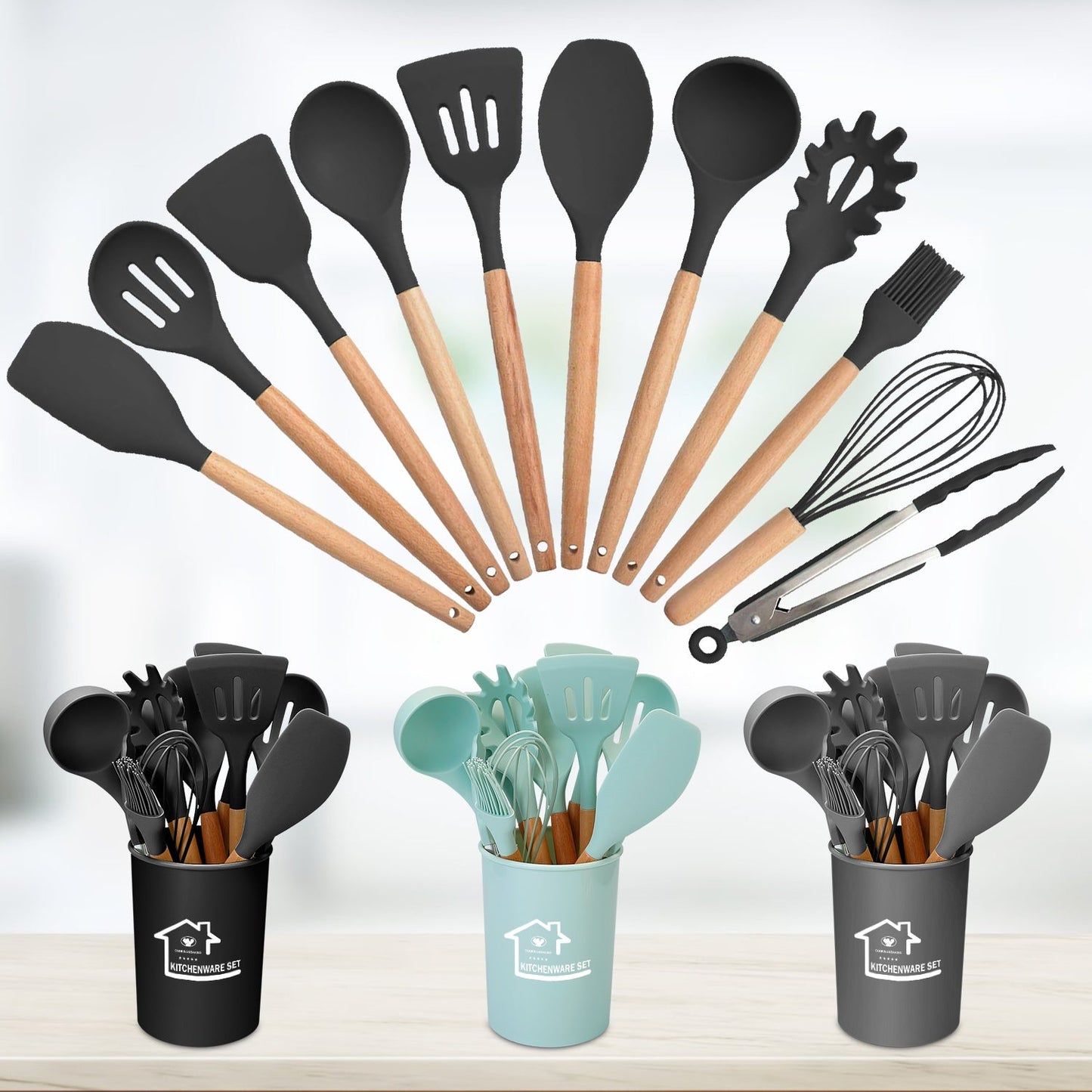 Silicone Kitchen Utensil Set: Heat-Resistant Wooden Handles