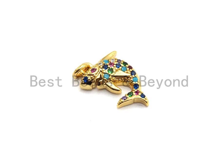 CZ Colorful Micro Pave Shark Pendant, Shark  Shaped Pave Pendant, Gold plated, 10x15mm, Sku#F728