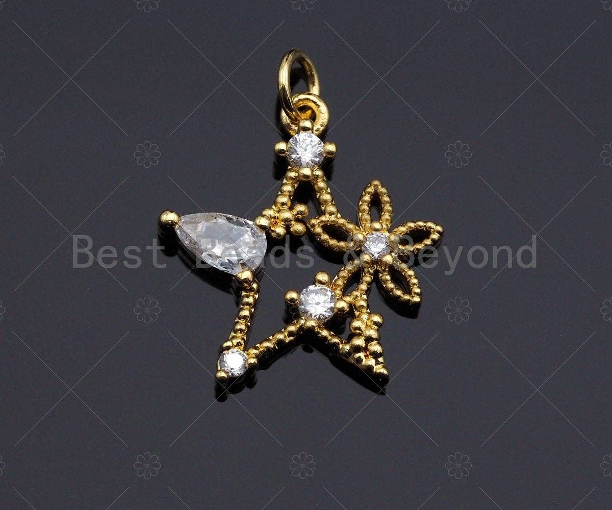 CZ Micro Pave Flower On Star Charm/Pendant, Star Shape Charm, Gold Star Pendant, Gold plated charm, mm, Sku#JL08