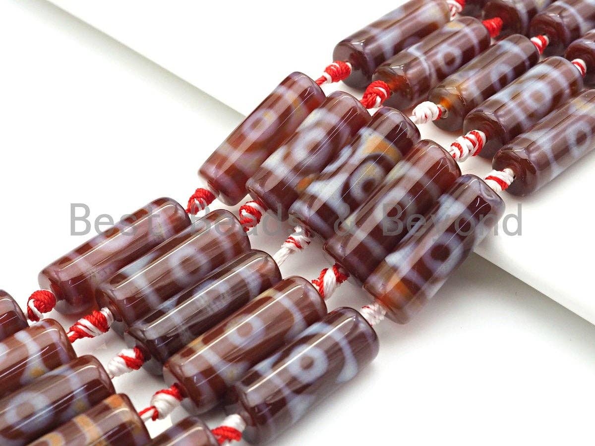1pc/10pc Natural Tibetan Agate Cylinder Spacer Beads, Brown White Eye Dzi Spacer Beads, Tibetan Dzi Beads, 11x30mm, sku#U865