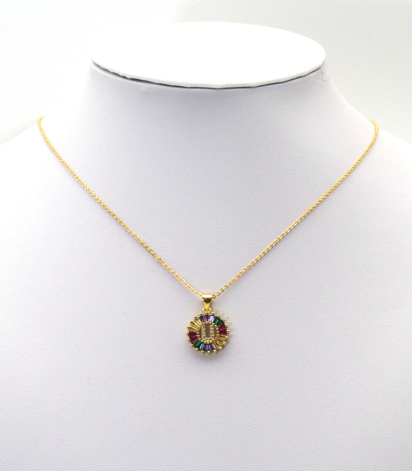 Colorful Baguette CZ initial Letters Round Charm, Sku#JL174