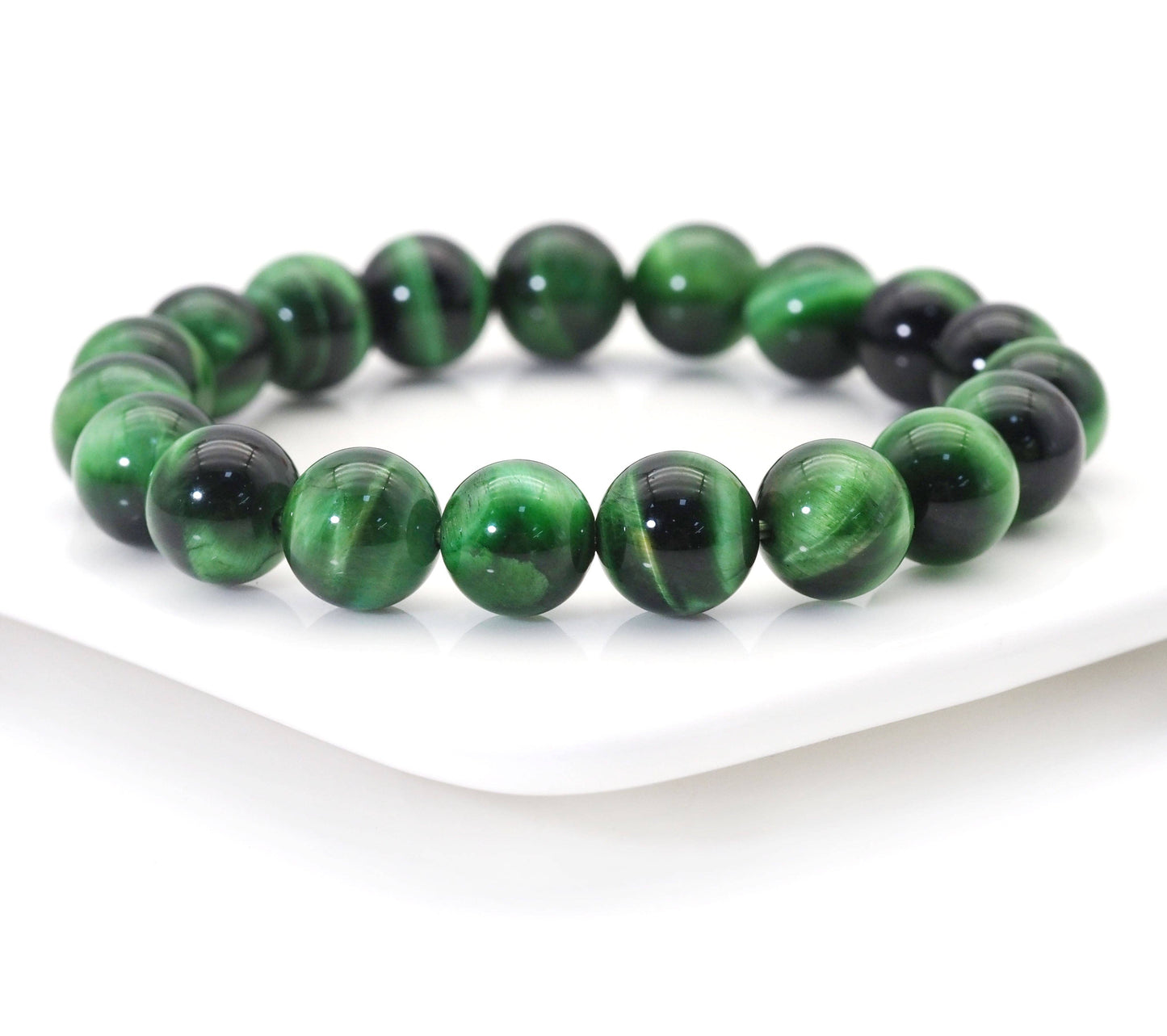 Natural Green Tiger Eye Round Smooth Stretchy Bracelet, Sku#