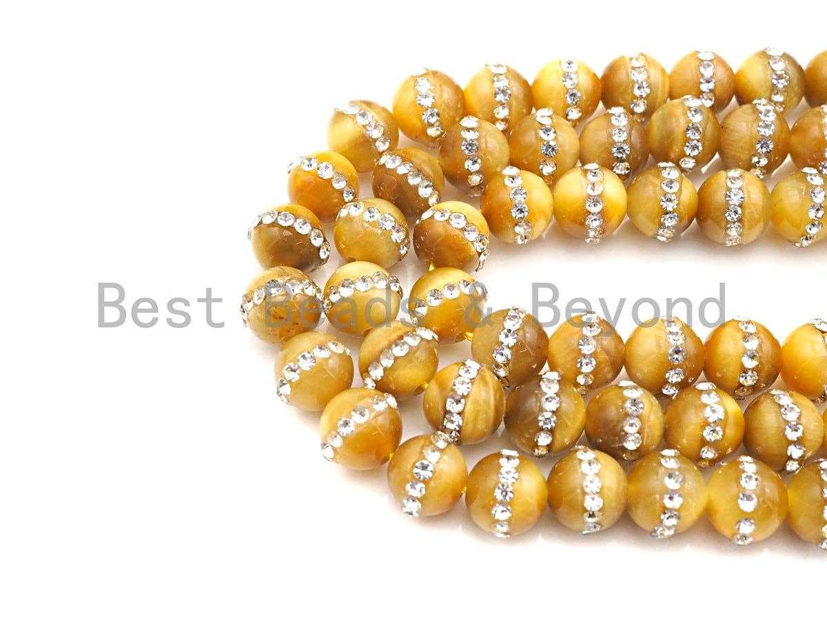 High Quality Golden Tiger Eye with Rhinestone Inlaid, 6mm/8mm/10mm/12mm Rpund Tiger eye Beads, 15.5'' Full Strand, SKU#V54
