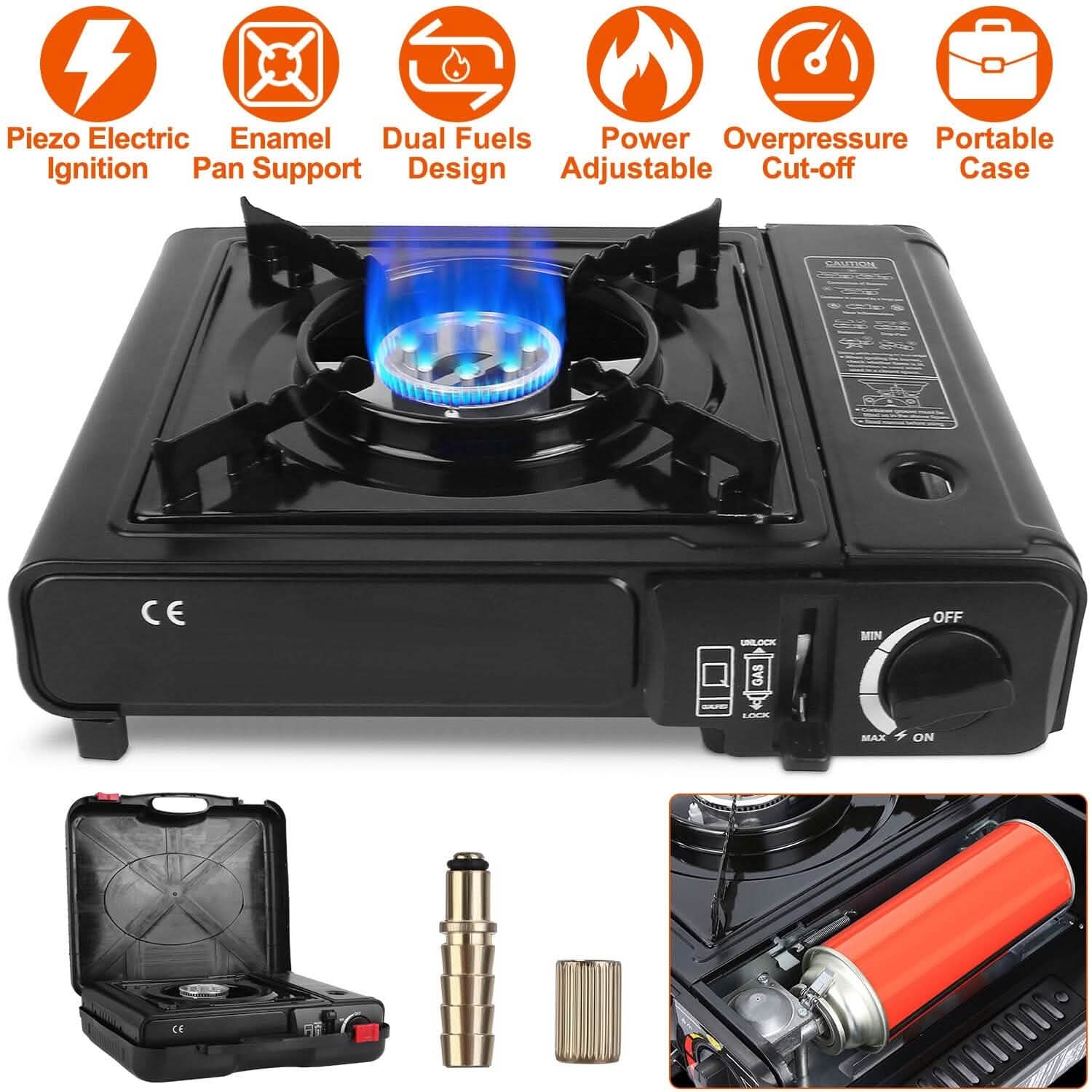 Réchaud de camping portable 3300 W à double combustible pour cartouche de butane