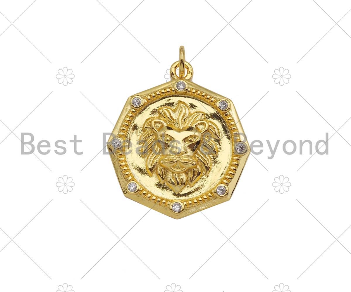 Gold Filled CZ Micro Pave Embossed Lion Head On Round Shape Pendant,18K Gold Filled Lion Charm, Necklace Bracelet Pendant,21x25mm,Sku#LK338