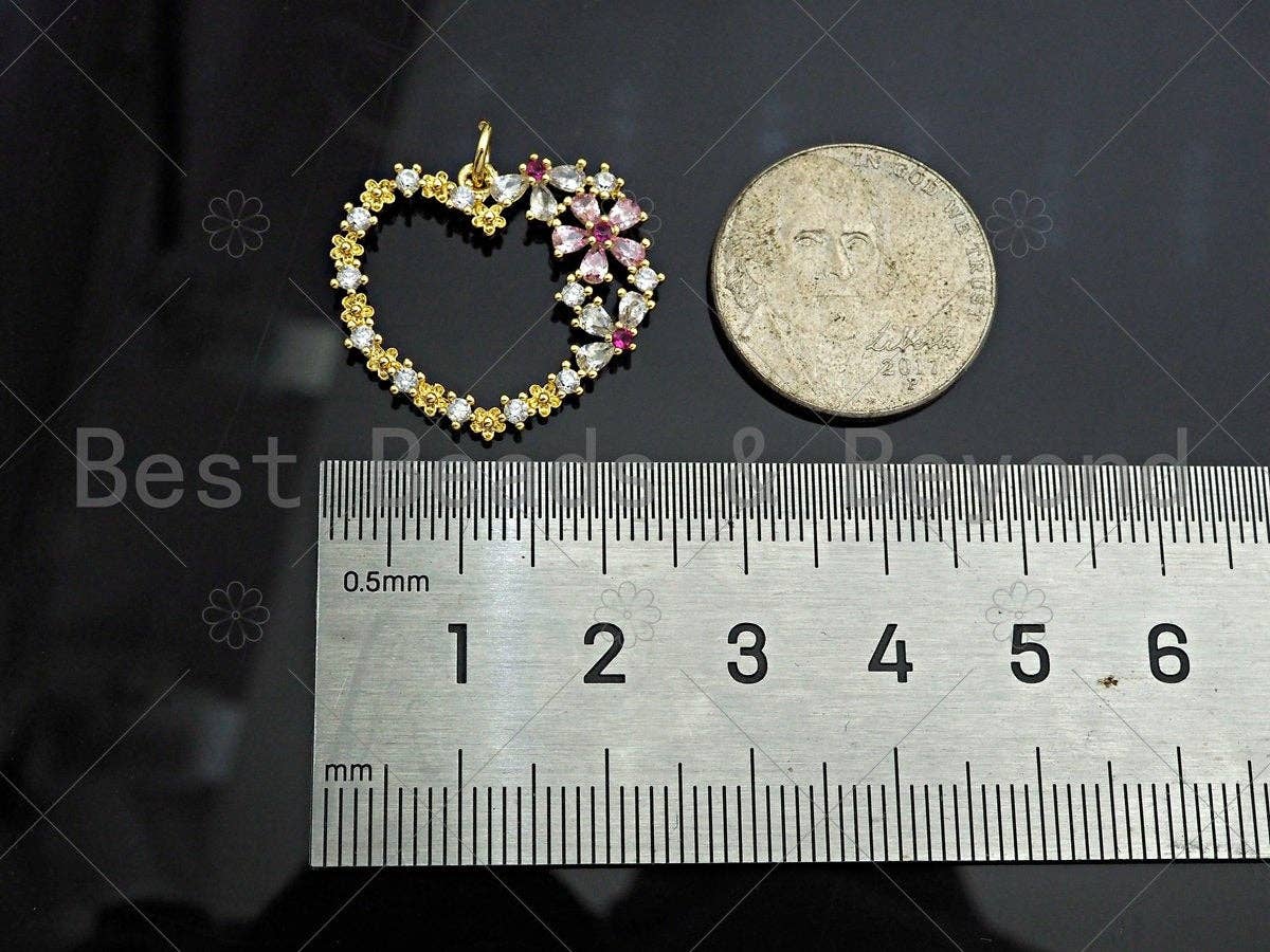Gold Filled Colorful CZ Micro Pave Flower On Heart Shape Pendant, 18K Gold Filled Heart Charm, Necklace Bracelet Pendant,24x21mm,Sku#LK327