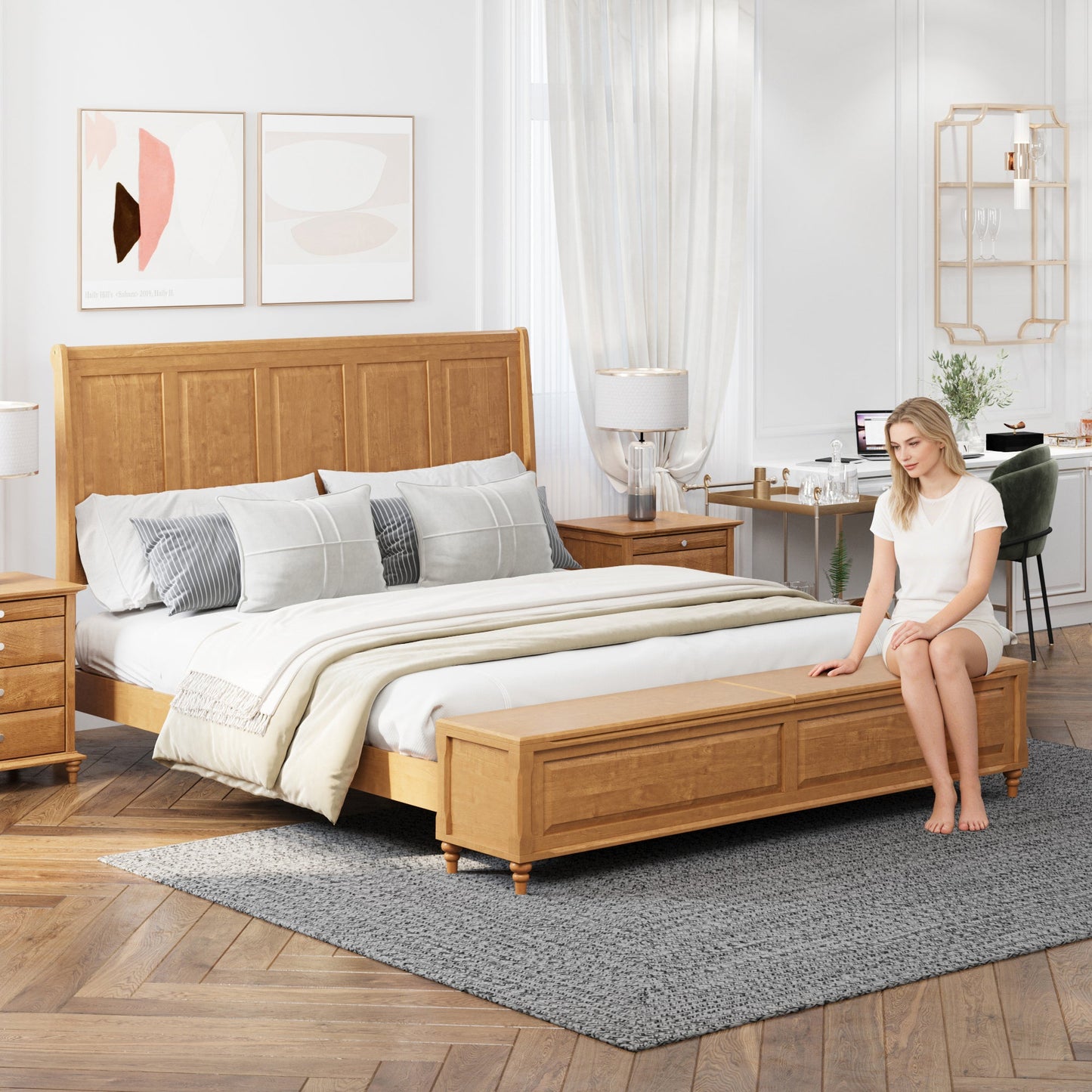 King Bed Frame with Tall Headboard and Storage Bench