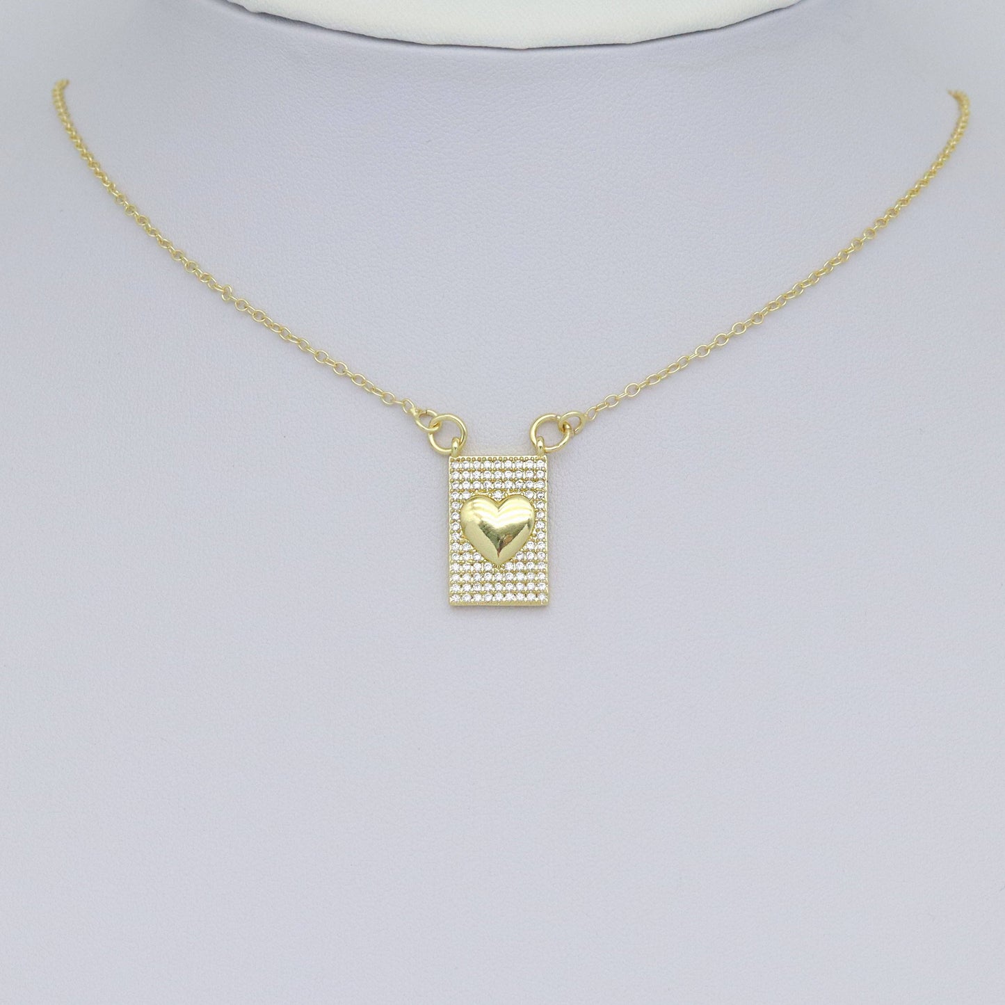 Gold Clear CZ Heart On Rectangle Charm Pendant, Sku#LK984
