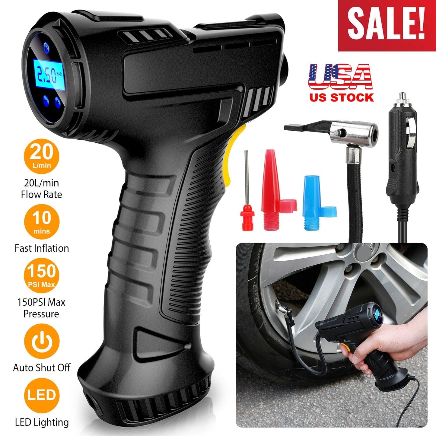 Portable Car Tire Inflator for Auto Use and Quick Inflate