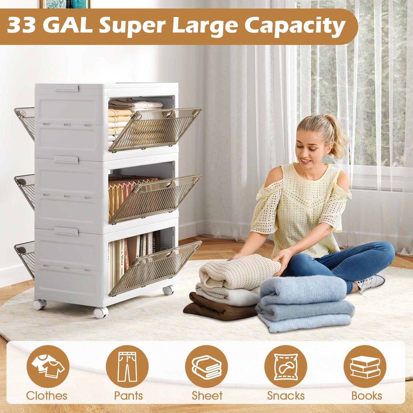 33 Gal 3-Pack Stackable Plastic Storage Bins with Lid for Bedroom Living Room-White