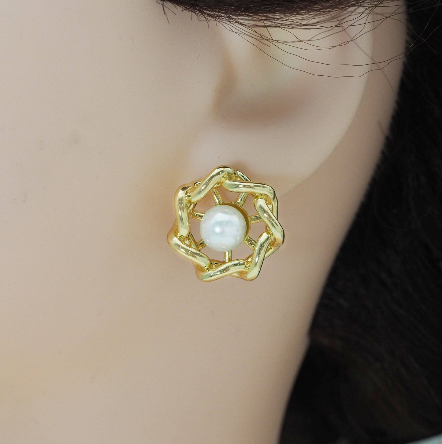 CZ Gold Pearl On Flower Stud Earrings, Sku#J368