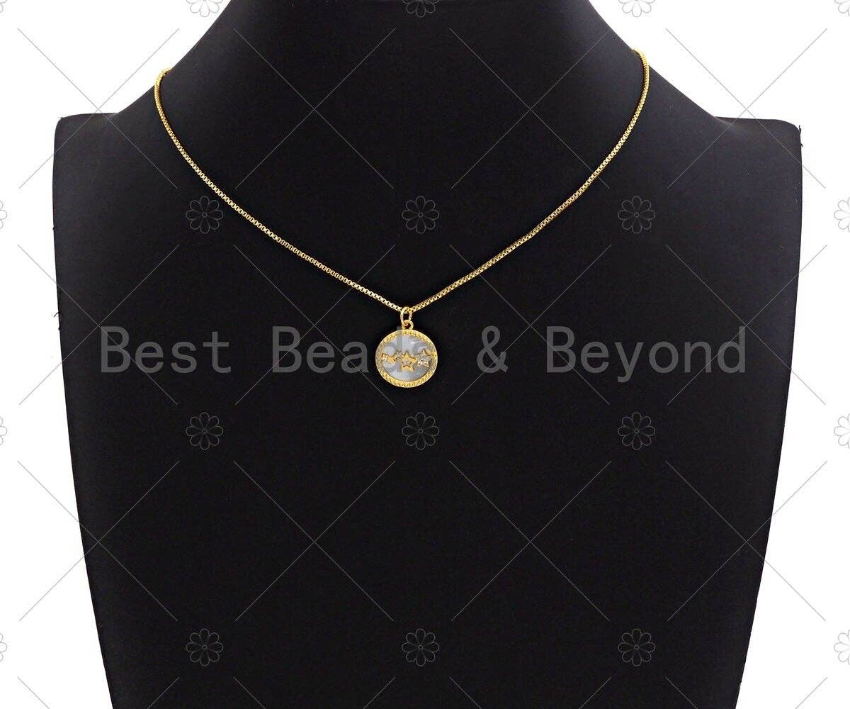 18K Gold CZ Micro Pave Twinkle Little Stars Inlay Mother-of-pearl Pendant Charm, Cubic Zirconia Charm, 16mm, sku#Z1132