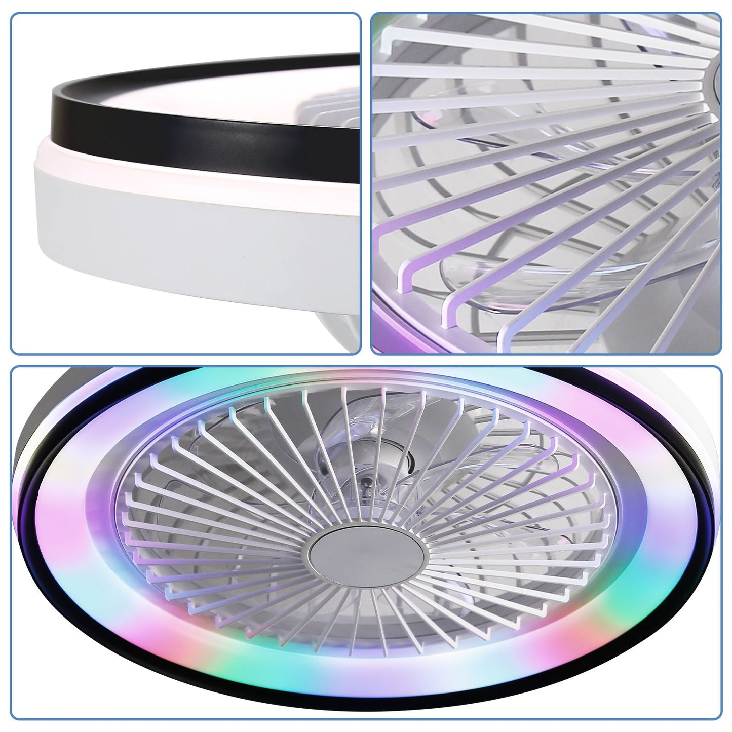 RGB Dimmable LED Enclosed Ceiling Fan With Light Flush Mount Bladeless, 6 Speed, Remote Control - White