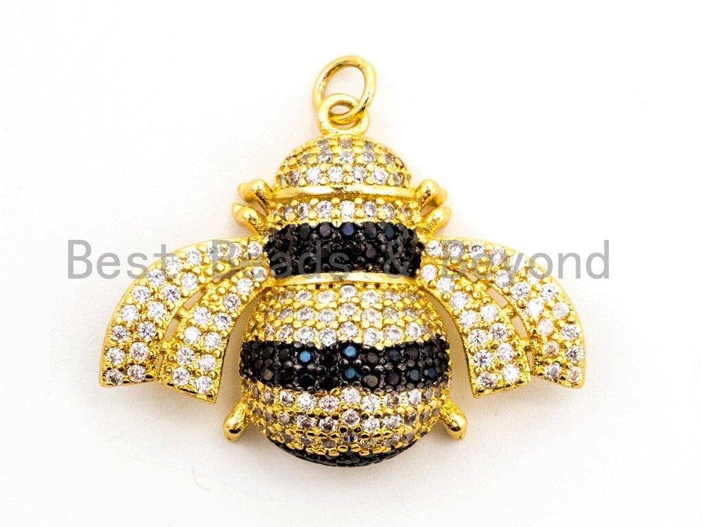 BEE Inspired Pendant, CZ Micro Pave insect Inspired pendant, Cubic Zirconia Focal Pendant,Gold/Rose Gold/Silver/Black,26x33x7mm,SKU#F453