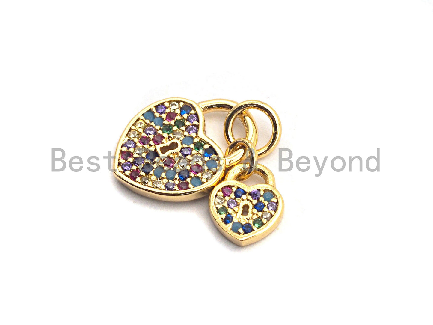 CZ Colorful Micro Pave Big heart Small Heart Lock Pendant, Heart Shaped Pave Pendant, Gold plated, 10x13mm, Sku#F825C