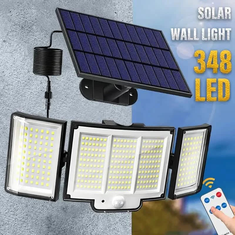 348 LED Motion Sensor Lights With Remote Control, 3 Head Security Lights, Solar Flood Wall Lights With 3 Modes
