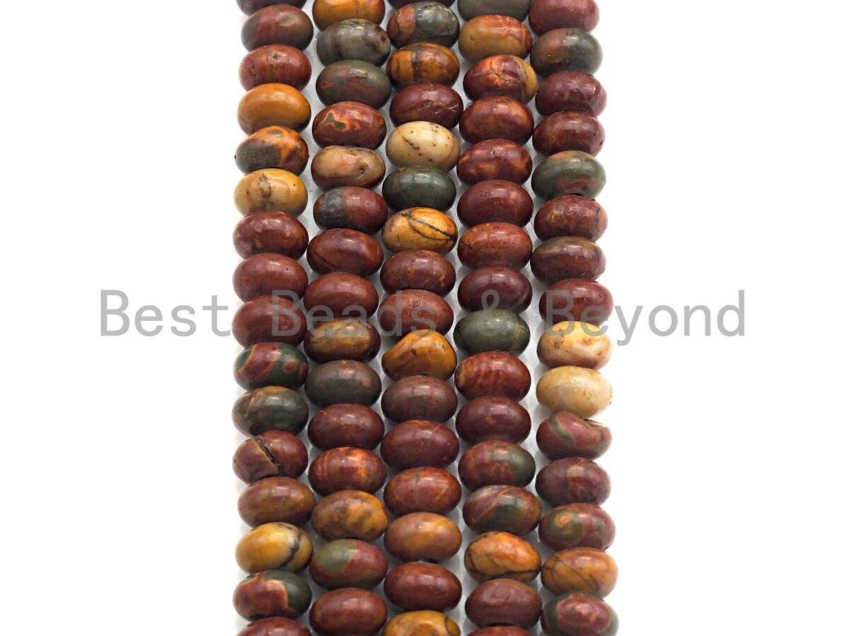 2mm Large Hole Natural Piscasso Jasper Beads, Rondelle Smooth 6x10mm/5x8mm, 8" Long Strands, sku#U716C
