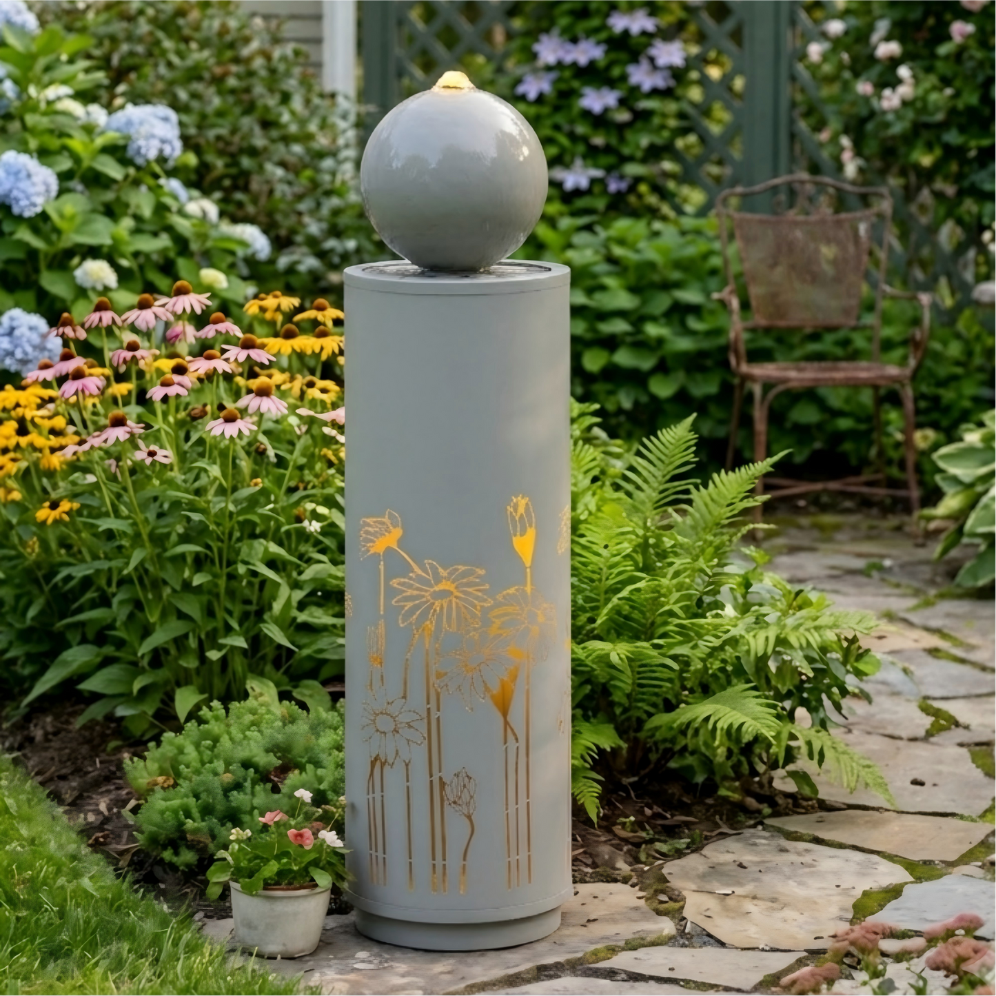 34.25"H Light Gray Metal Sphere-Top Fountain with LED Lights