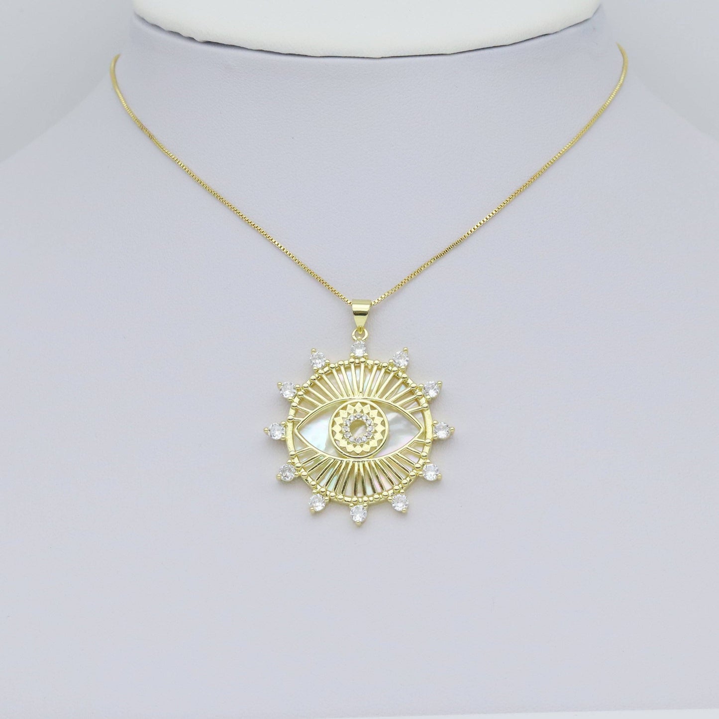 CZ Pave Spike Gold Evil Eye Mother of Pearl Pendant, Sku#LX631