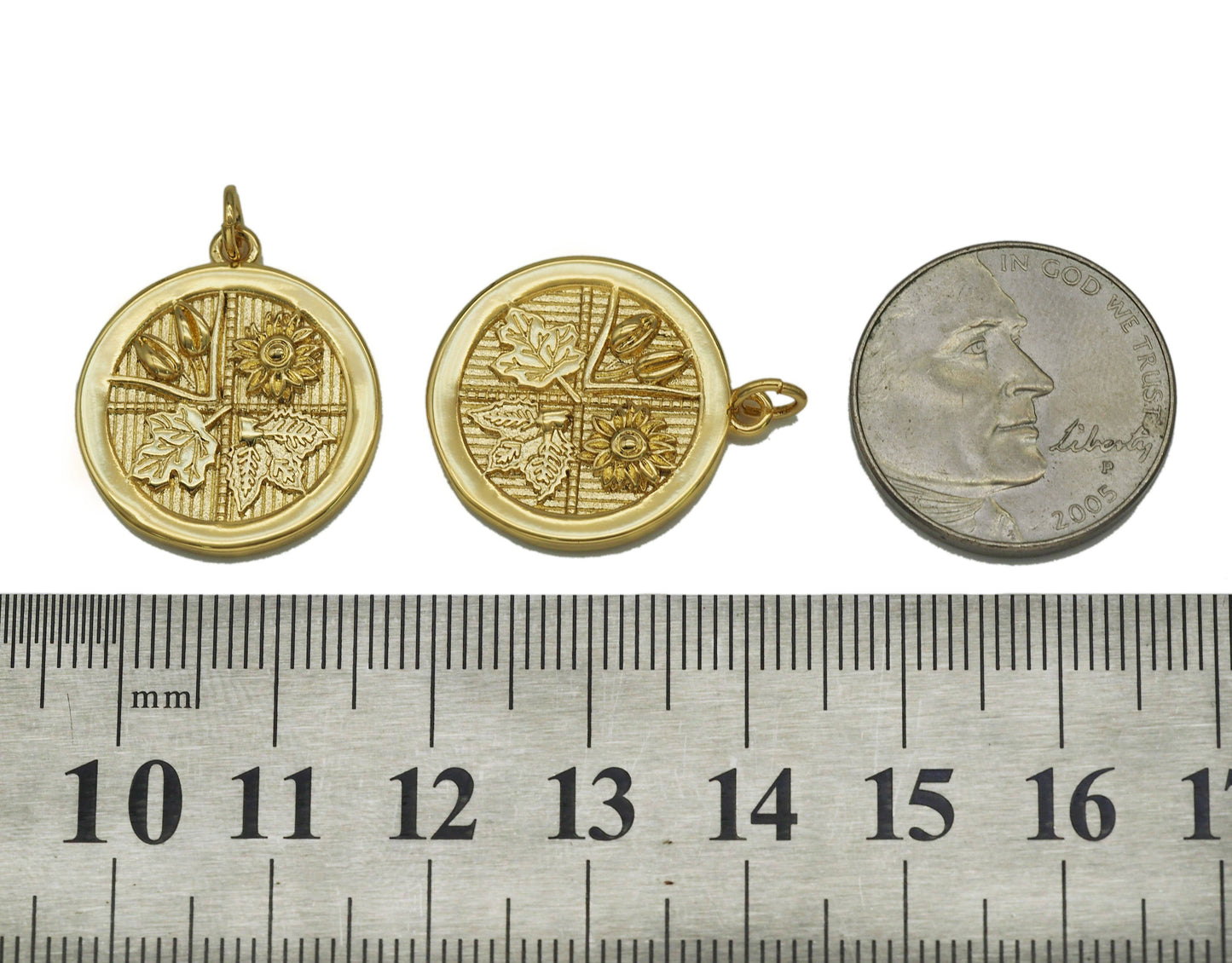 Gold Flower and Leaf On Round Coin Charm, Sku#LK643