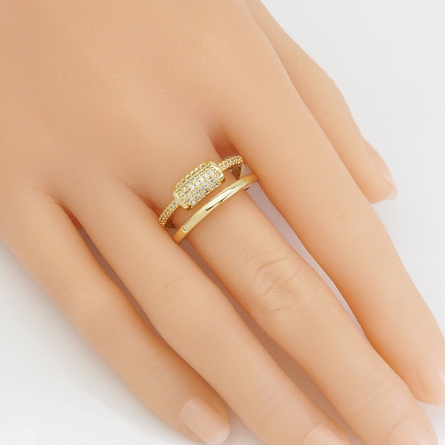 CZ Gold Rectangle Tube Double Line Adjustable Ring, Sku#LX426