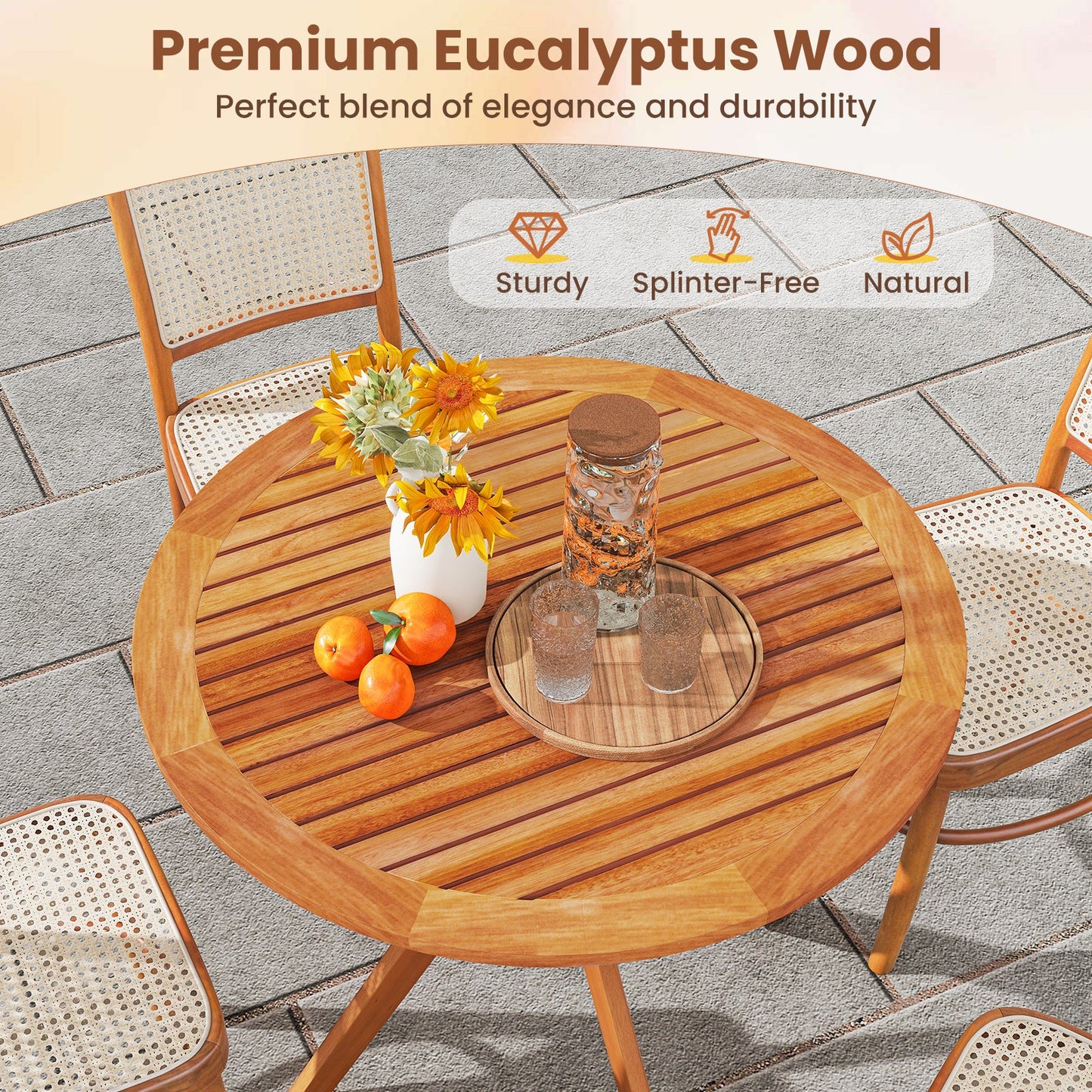 35.5 Inch Patio Wood Dining Table with Slatted Tabletop and Curved Legs