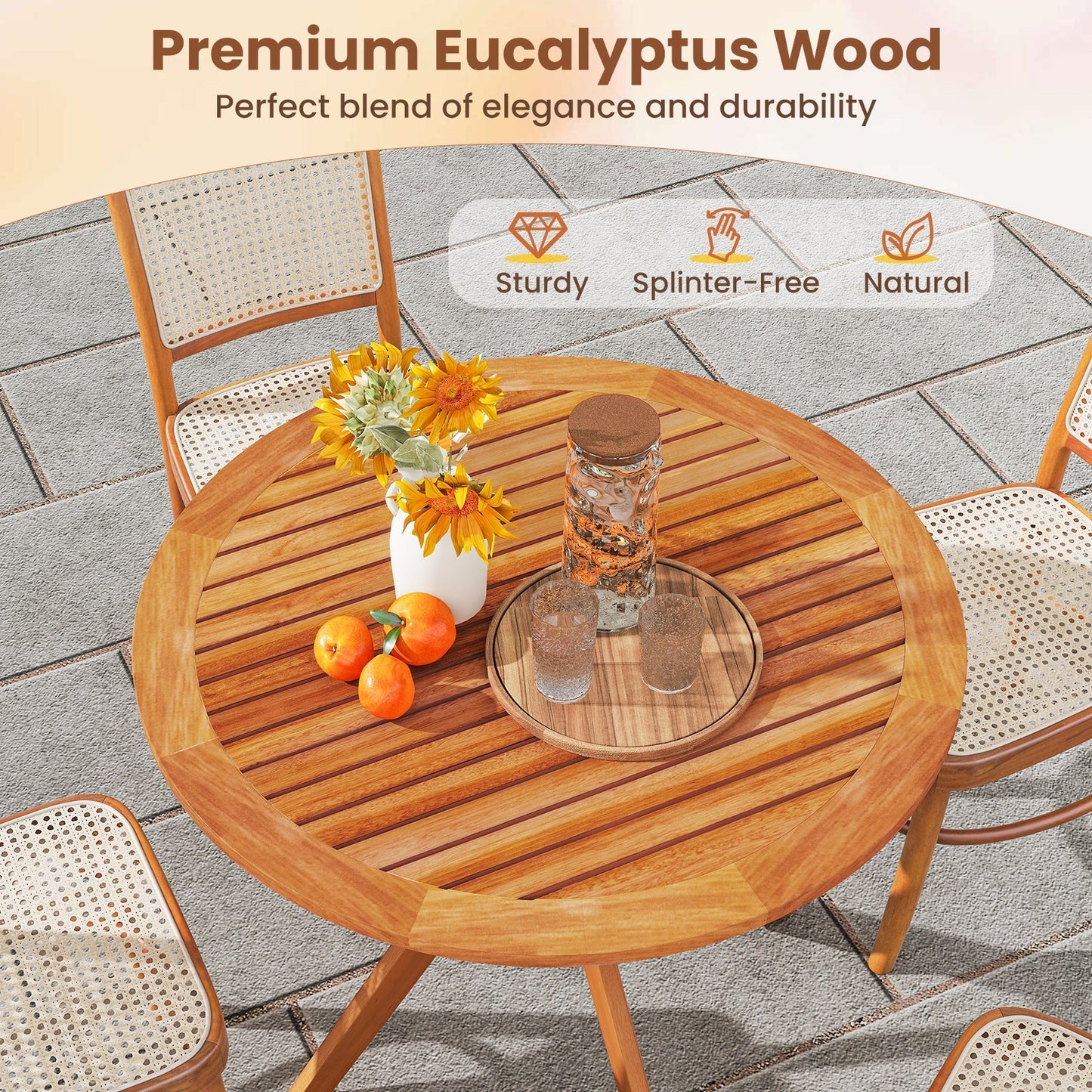 35.5 Inch Patio Wood Dining Table with Slatted Tabletop and Curved Legs