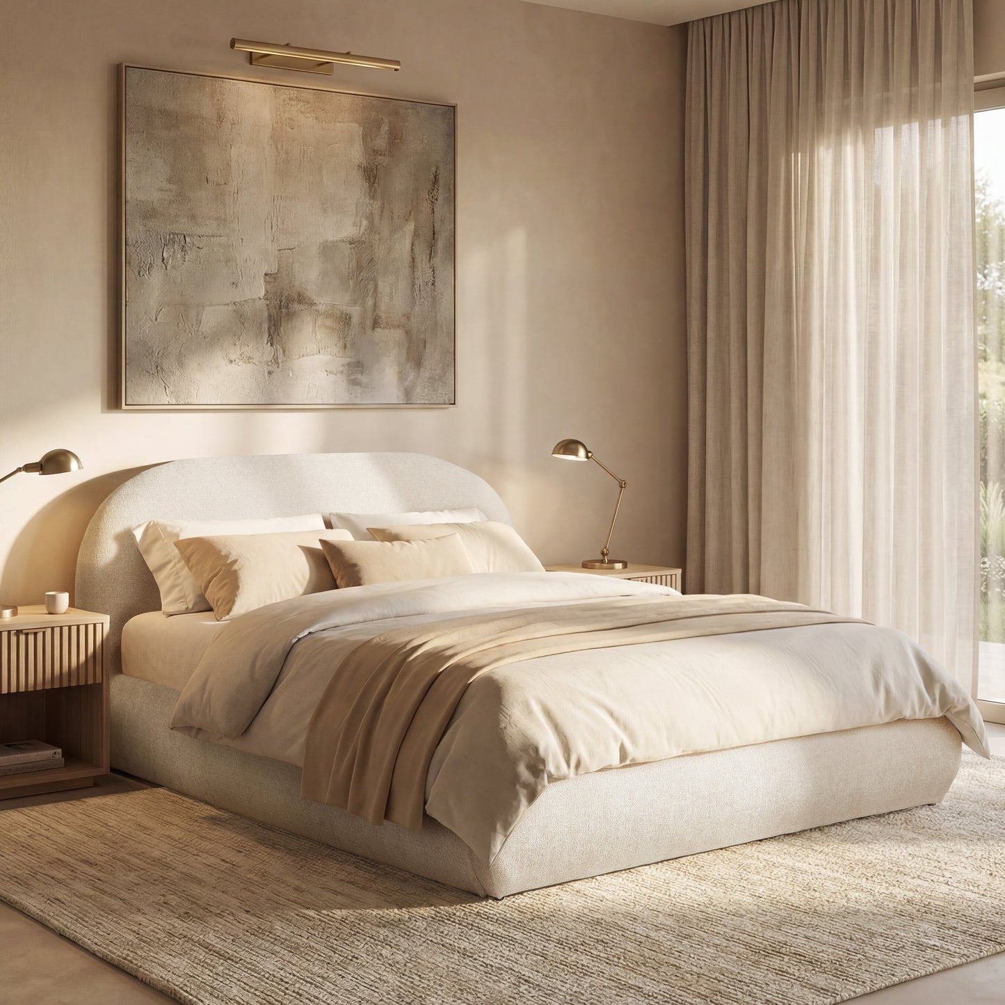 Archie Puffy Grounded Upholstered Platform Bed Queen, Oatmeal Light