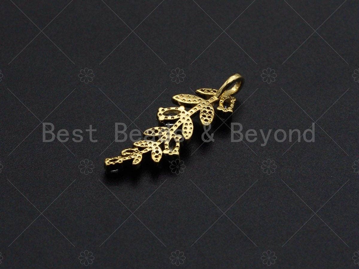 18K Gold  CZ Pave Leaf Pendant, Gold Leaf Pendant, Gold plated Leaf, 9x30mm, Sku#LK27