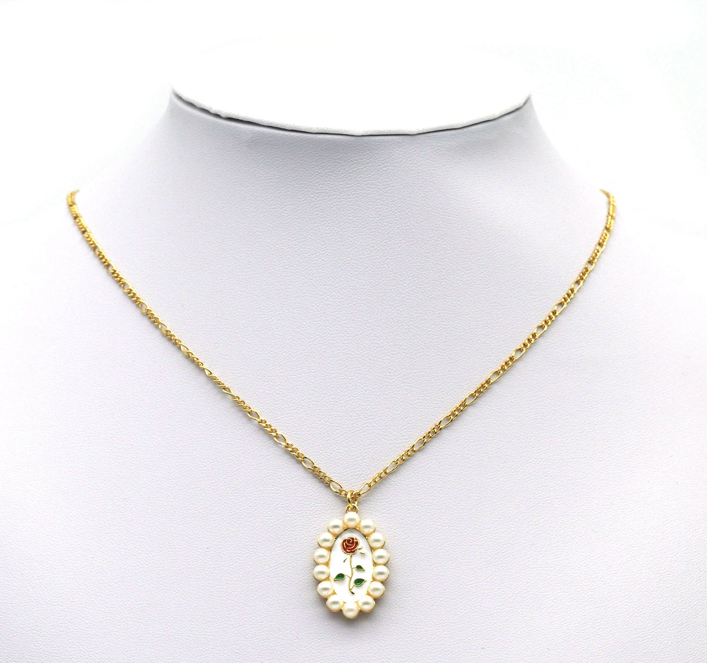 Gold Enamel Pearl Rose On Oval Charm, Sku#L685