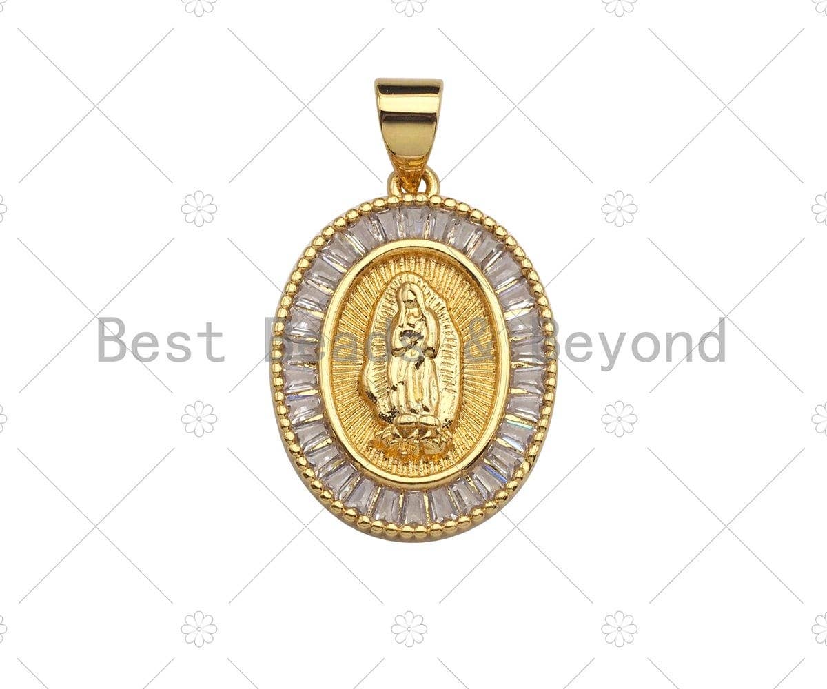 18K Gold Virgin Mary On Oval Emblem Shape Pendant, Oval Charm, Virgin Mary Pave Pendant, Dainty Gold Charm,21x15mm, Sku#F1155