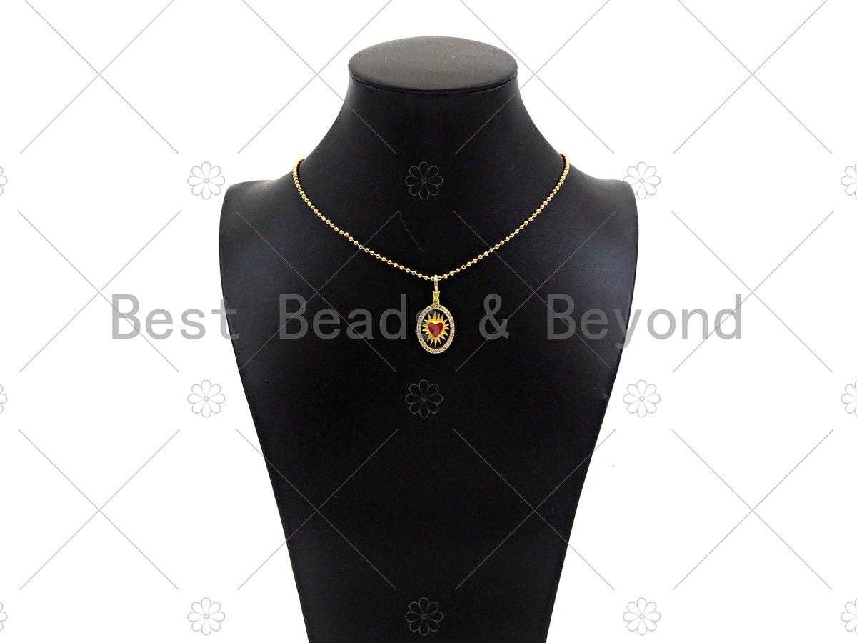 CZ Micro Pave Red Enamel Heart On Black Yellow Enamel Oval Shape Pendant, 18K Gold Filled CZ Enamel Oval Charm,16x33mm,Sku#Z1377